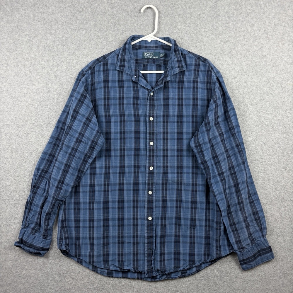 Polo Ralph Lauren Shirt Mens XL Blue Plaid Linen Silk Button Up Flowy Casual